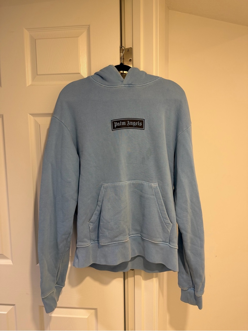 Palm Angels Light Blue Crewneck Hoodie with Logo Patch
